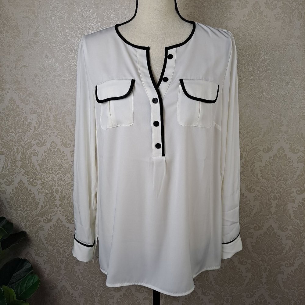 Alfani Size 14P White Blouse Black Details Buttons Long Sleeve Pockets NWT